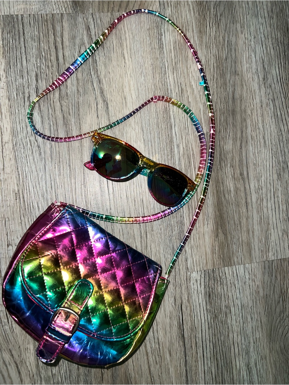 Iridescent Rainbow Quilted Crossbody Bag with Matching Sunglasses